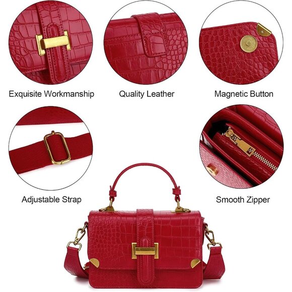 Women's A-red Leather Satchel Small Classy Crossbody Bag Purse Fashion Handbag - Picture 5 of 7